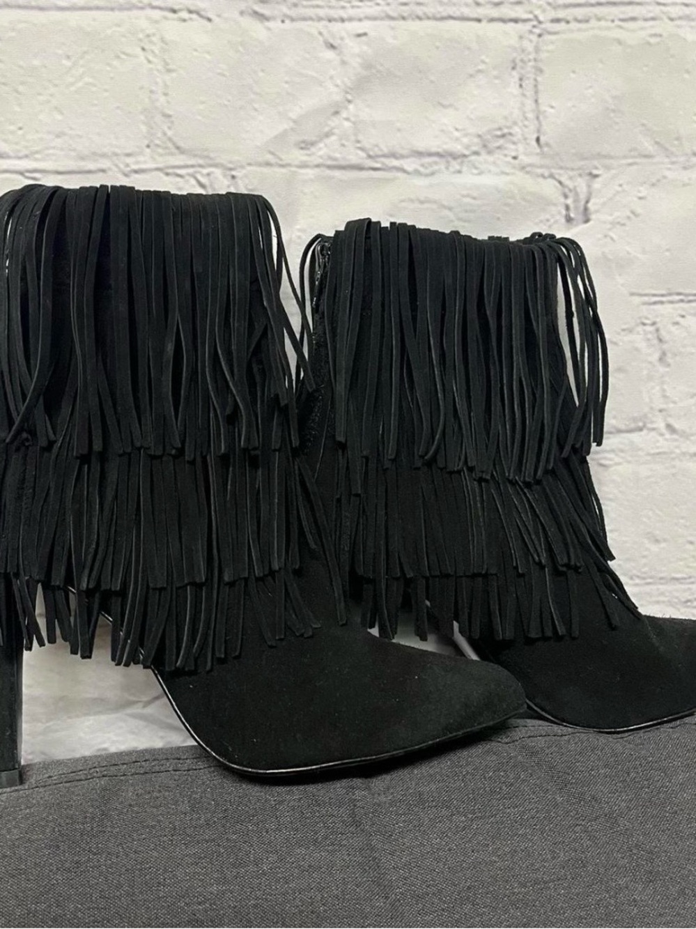 Zara Black Suede Fringe Pointed-Toe Ankle Boots